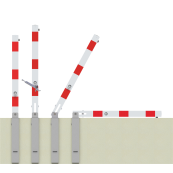 Barrier post 70 x 70 mm | foldable | with profile cylinder lock | and triangular lock | to be fixed by plugswith base plate 100 x 150 mm | hot-dip galvanized | with 2 eyelets